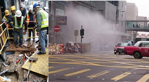 香港一地底水管疑遭鑿穿噴出大量咸水“洗車(chē)”